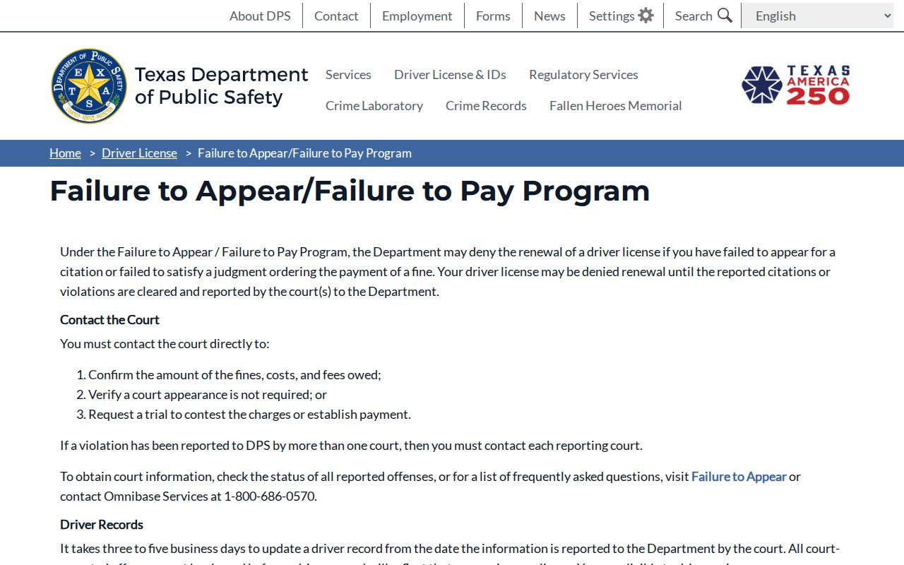 Delta County traffic warrant FTA and FTP context on the Texas DPS program page