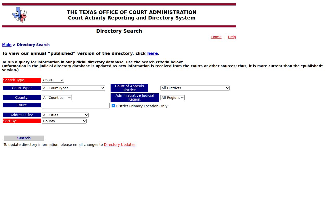 Delta County warrant-check court locator fields in the Texas OCA directory