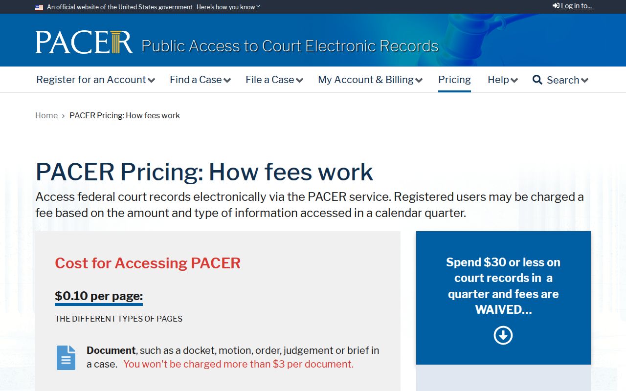 Delta County arrest-warrant federal-record access context from the PACER fee page